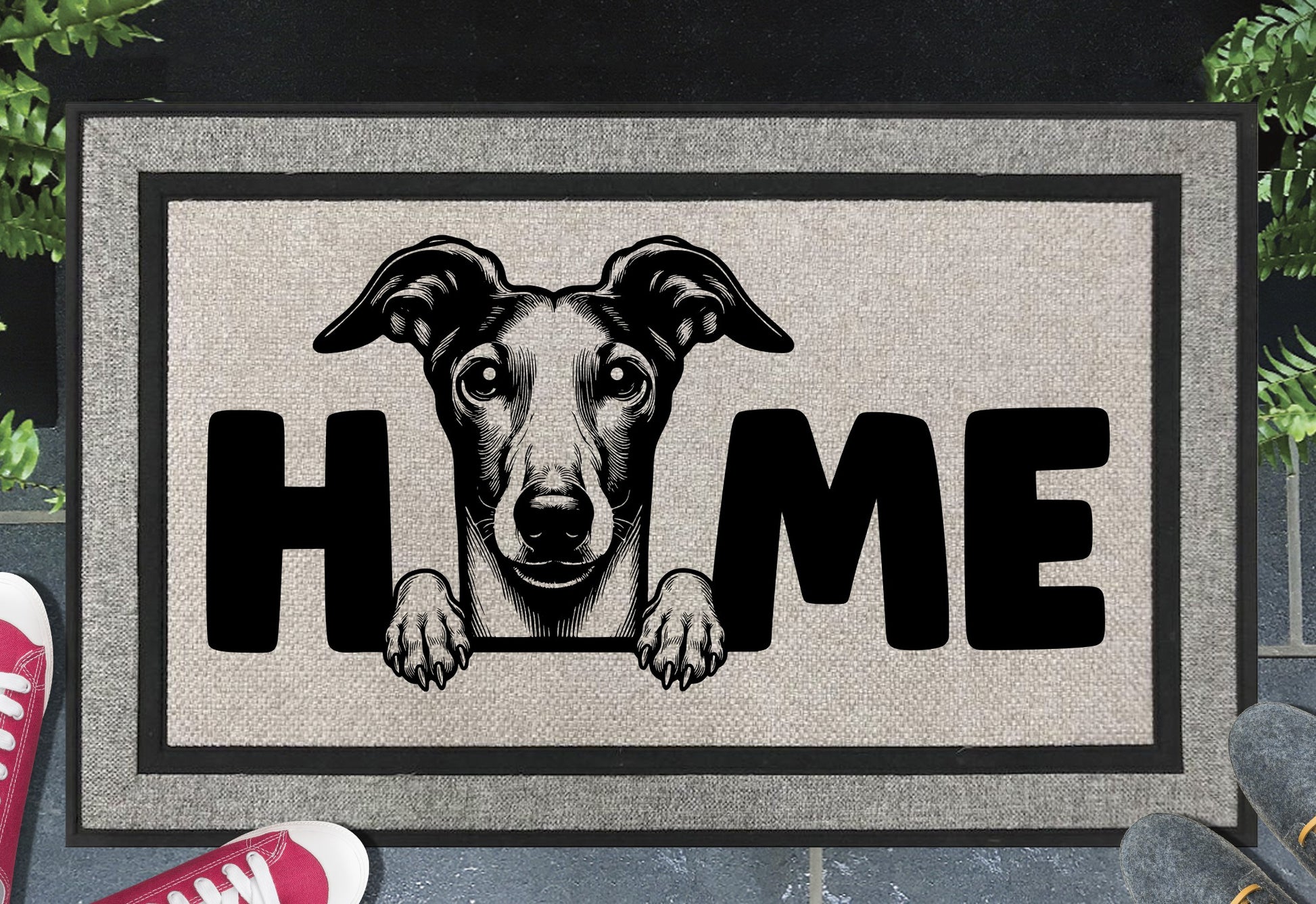 Greyhound doormat #4 – heavy-duty woven polyester with UV-resistant design