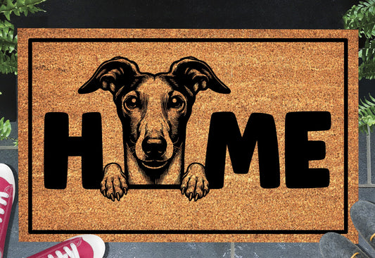 Greyhound doormat #4 shown in a front doorway entryway setting