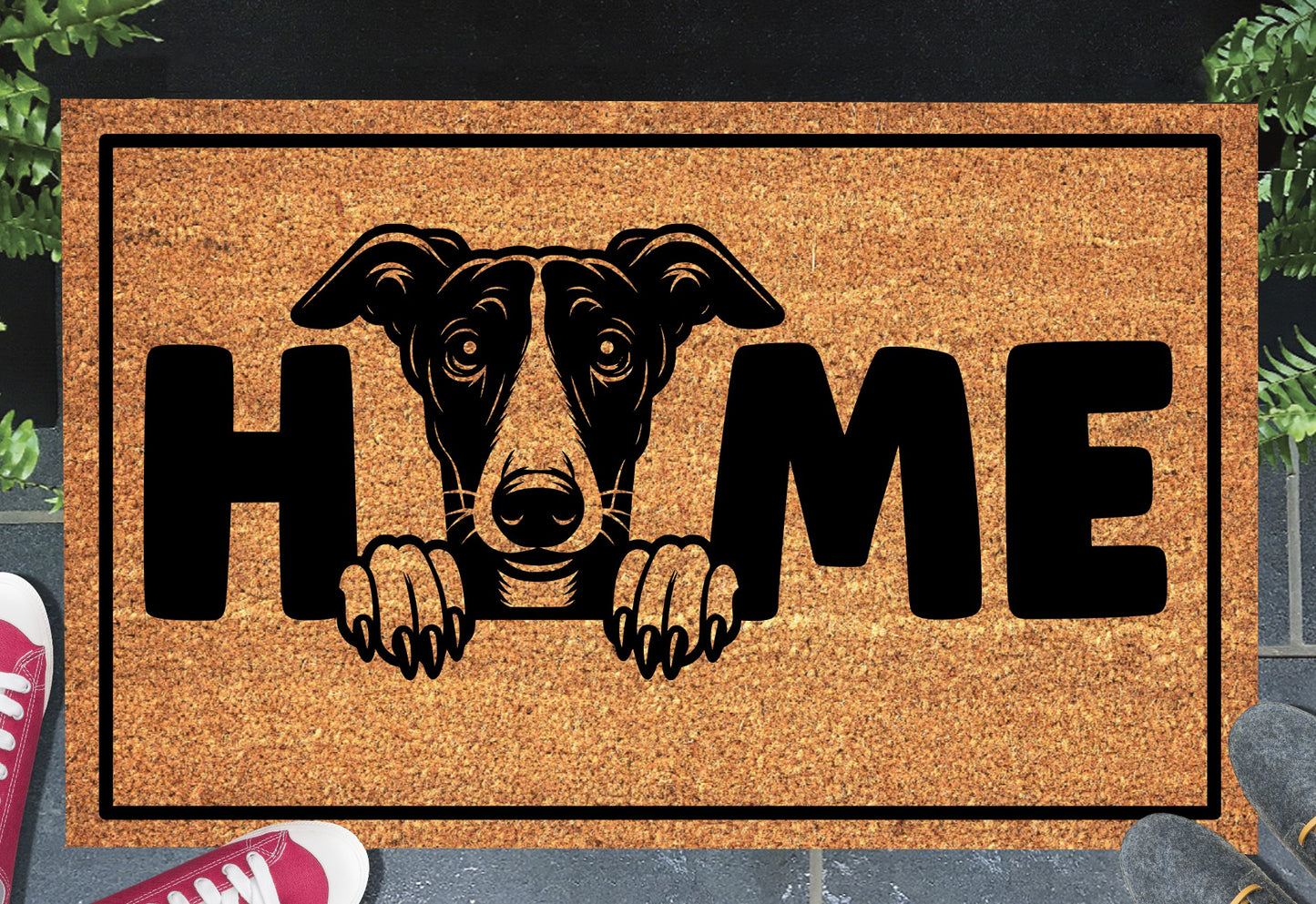 Greyhound doormat #5 shown in a front doorway entryway setting