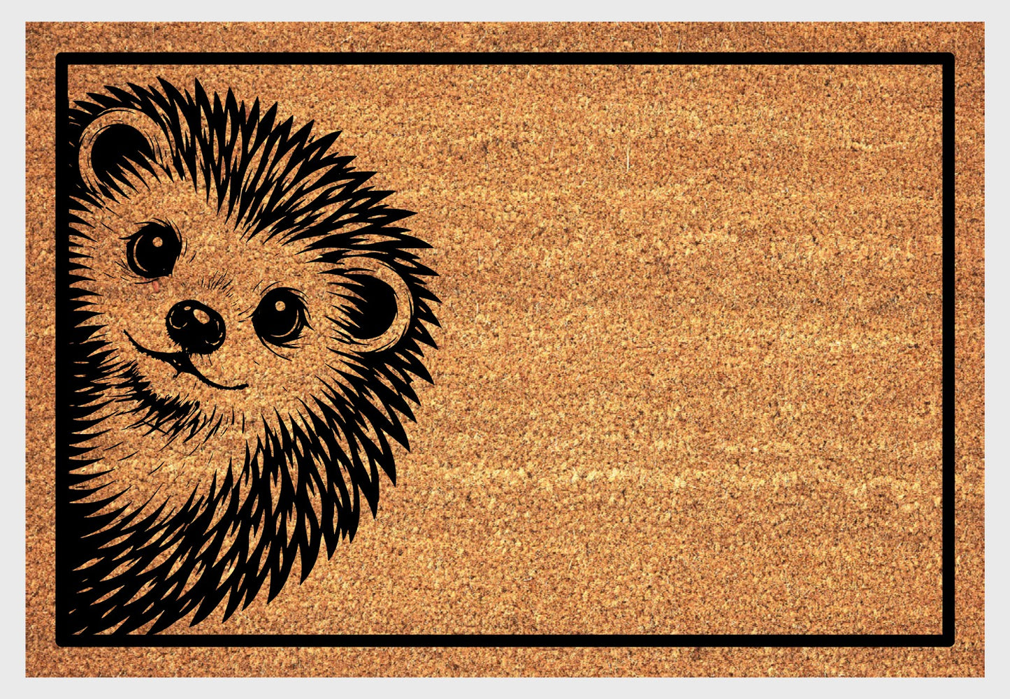 Hedgehog peeking coir doormat close-up - durable natural fiber welcome mat with non-slip backing - wildlife entryway decor