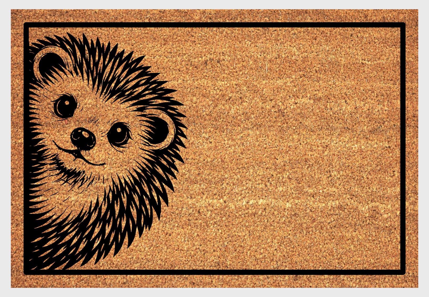 Hedgehog peeking coir doormat close-up - durable natural fiber welcome mat with non-slip backing - wildlife entryway decor