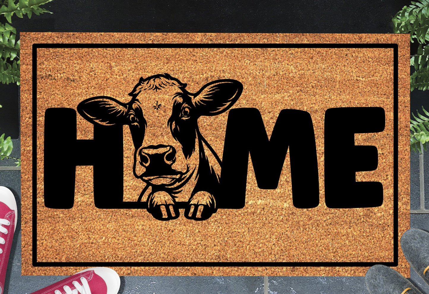 Holstein Cow doormat #1 with cow peering through HOME lettering on natural coir