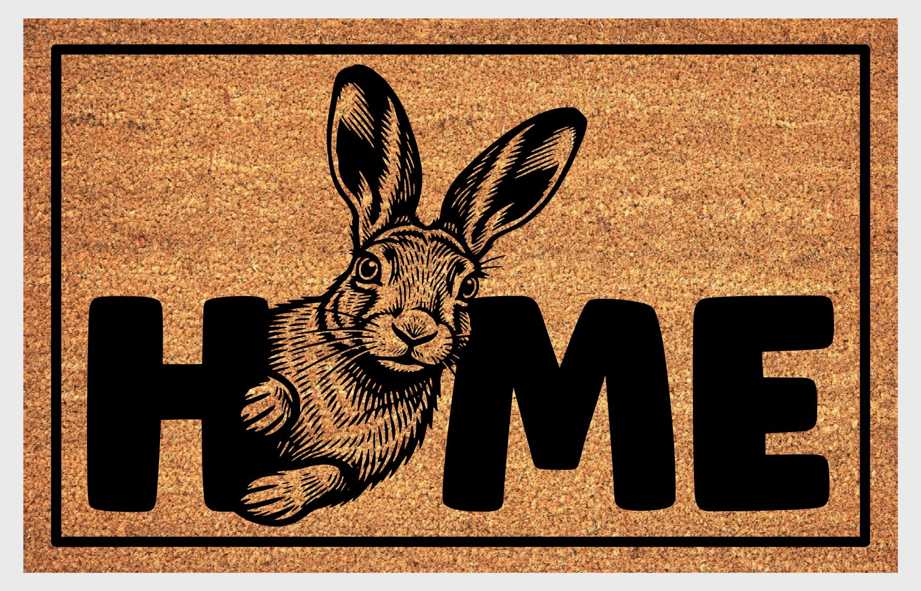 Irish Hare doormat — portrait illustration of an Irish hare with HOME text on natural coir