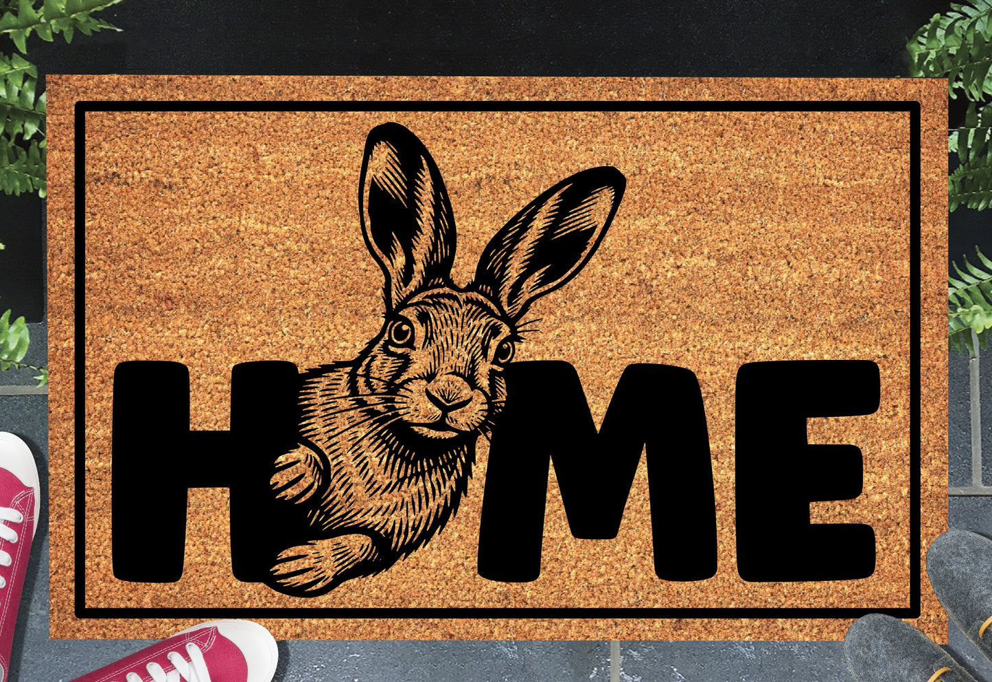 Irish Mountain Hare HOME doormat styled at a front doorway entrance on natural coir