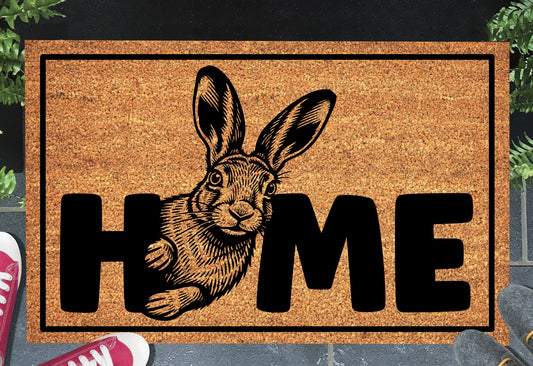 Irish Mountain Hare HOME doormat styled at a front doorway entrance on natural coir