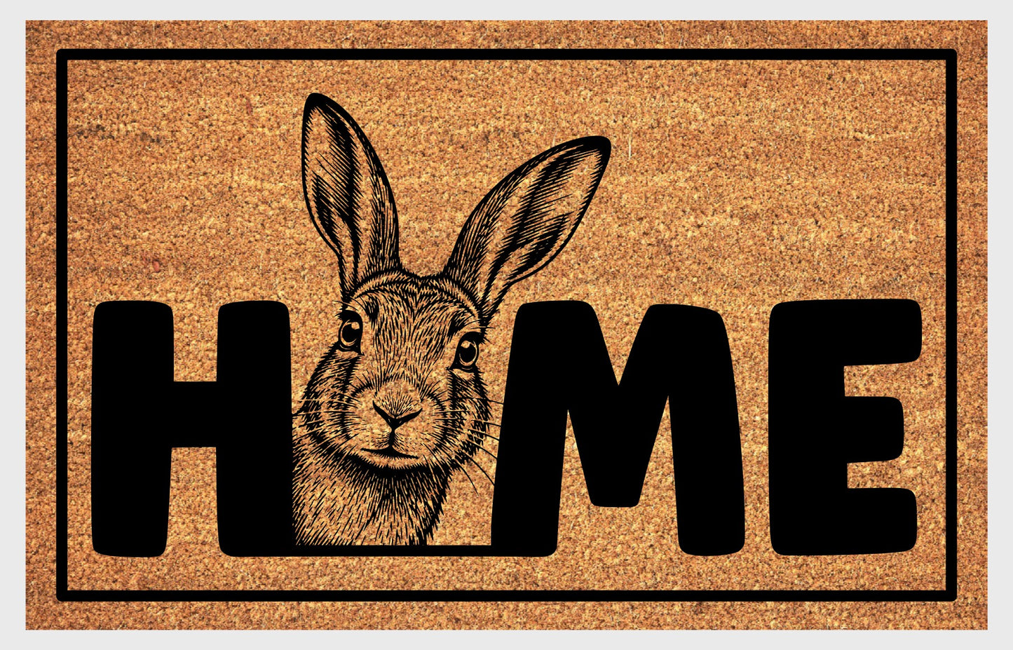 Irish Mountain Hare doormat — portrait of Irish hare peeking from the edge of HOME text on natural coir