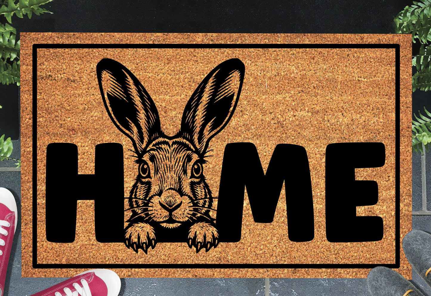 Irish Hare doormat, shown on a front doorstep