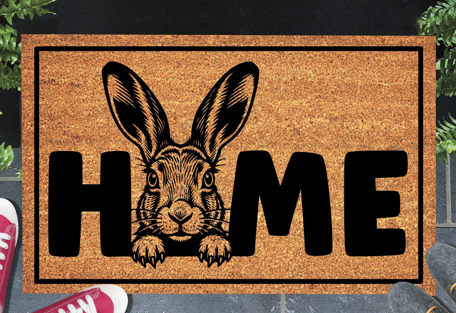 Irish Hare doormat, shown on a front doorstep