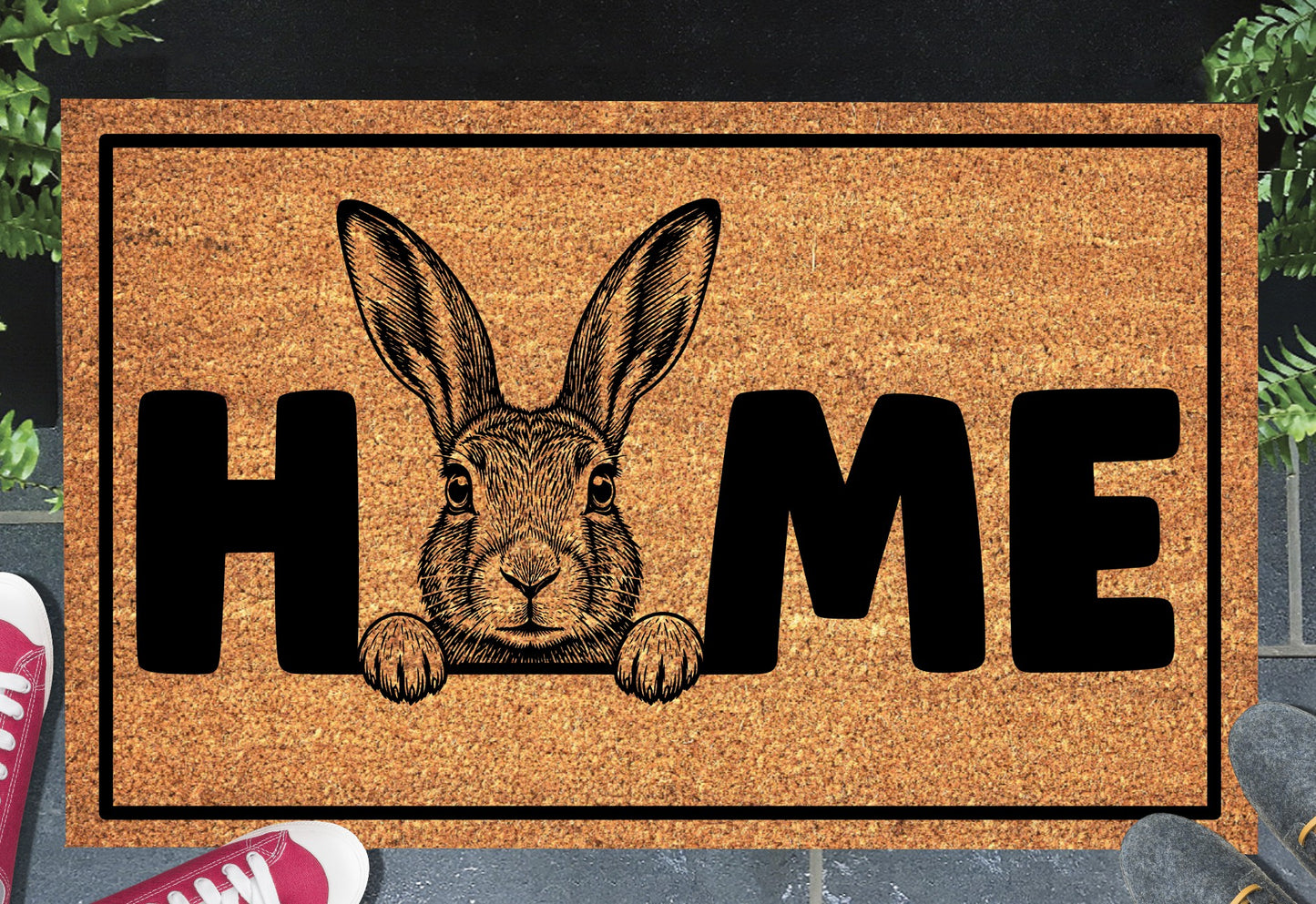 Irish Hare doormat, shown on a front doorstep
