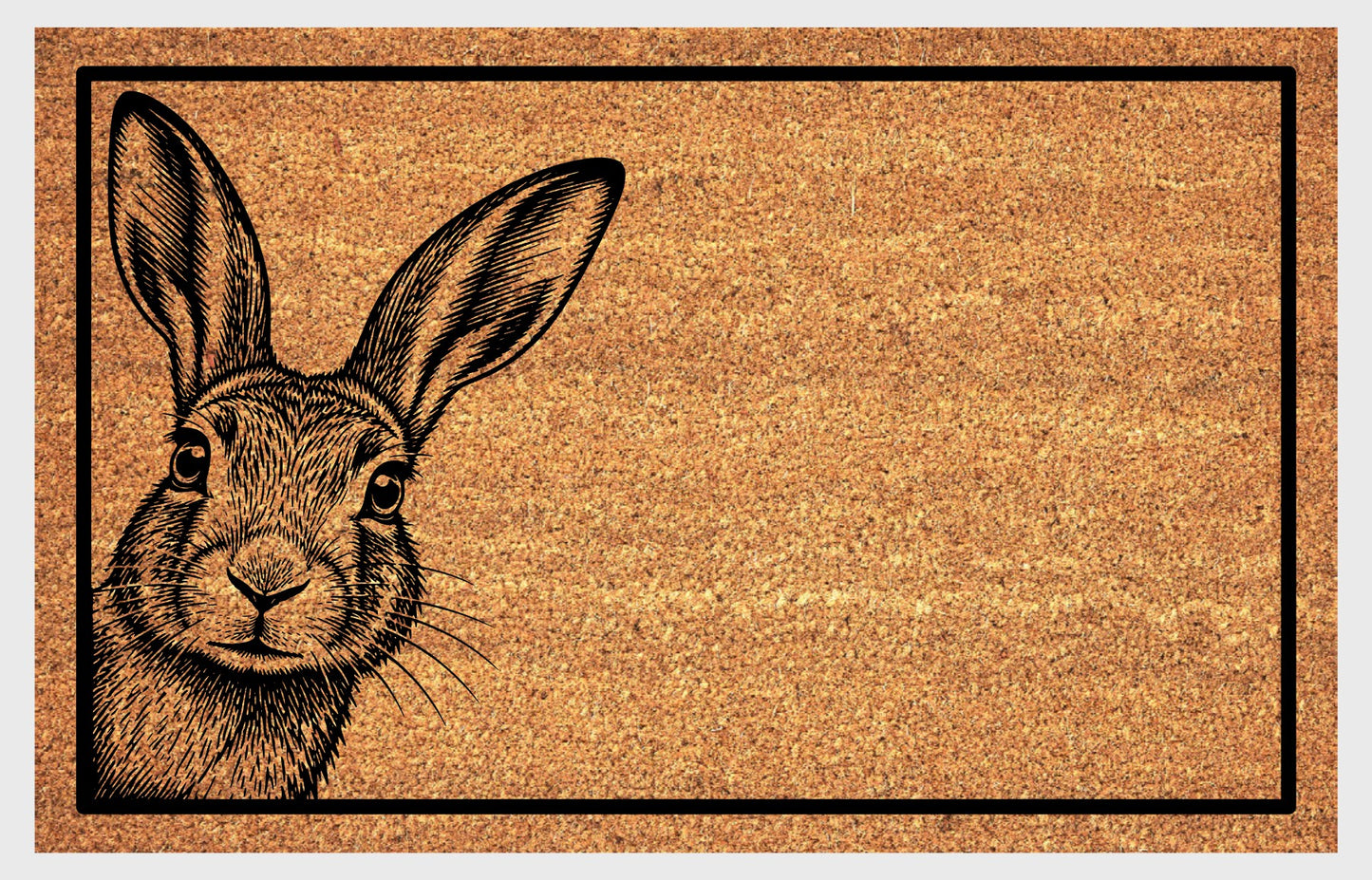 Irish Hare Peeking Doormat #1 — close-up of Irish Mountain Hare peeping from the edge on natural coir