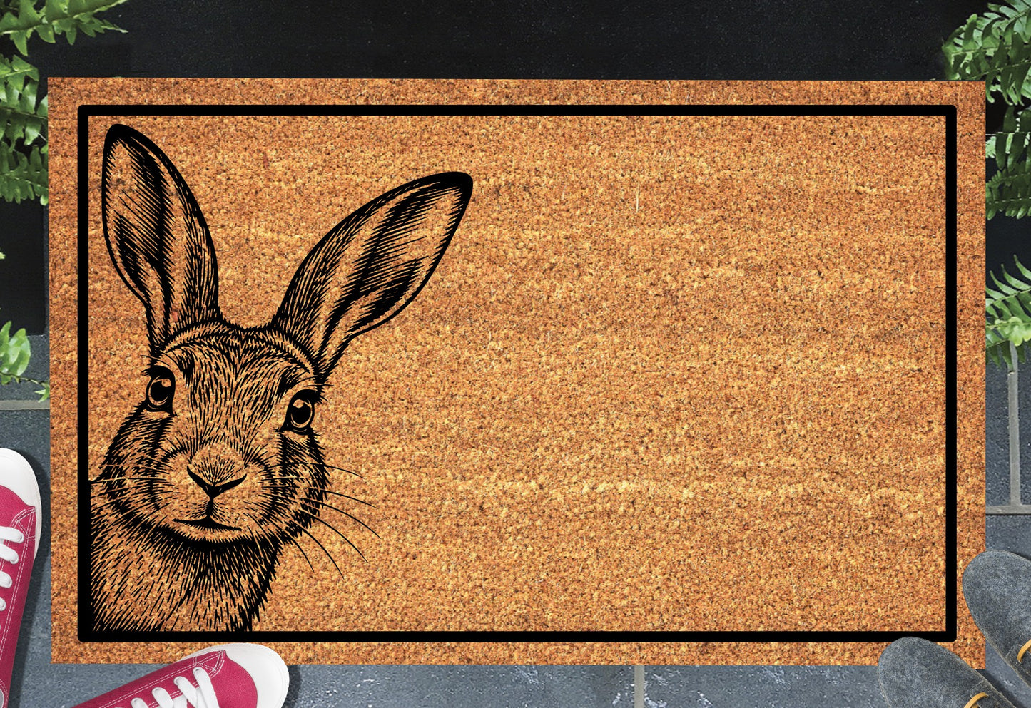 Irish Hare Peeking Doormat #1 — Irish Mountain Hare peeping from the edge, natural coir, shown in doorway setting