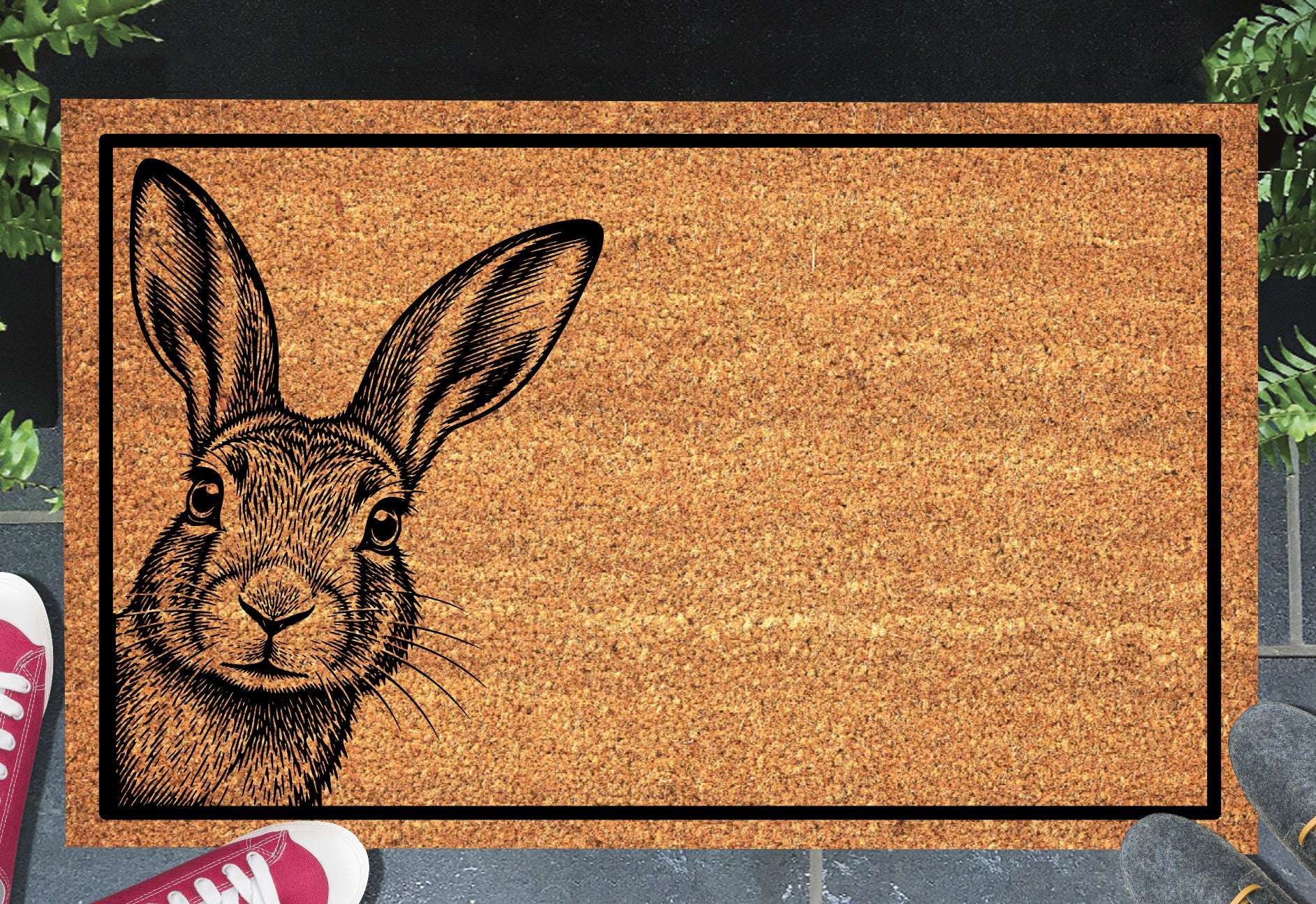 Irish Hare Peeking Doormat #1 — Irish Mountain Hare peeping from the edge, natural coir, shown in doorway setting
