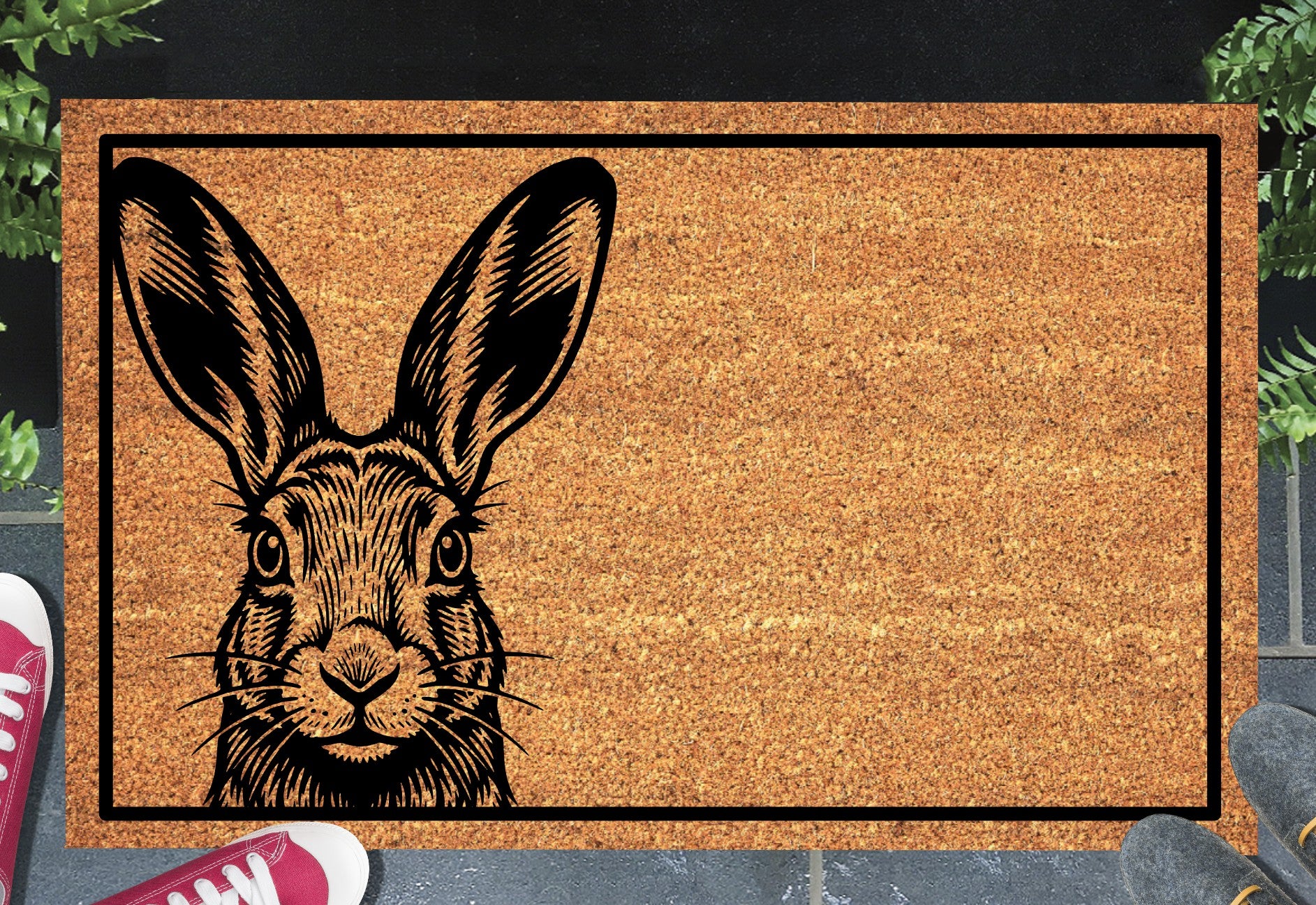 Irish Hare Peeking Doormat #2 — Irish Mountain Hare, shown in doorway setting