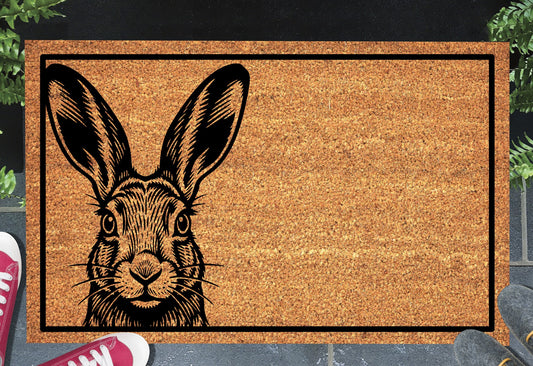 Irish Hare Peeking Doormat #2 — Irish Mountain Hare, shown in doorway setting