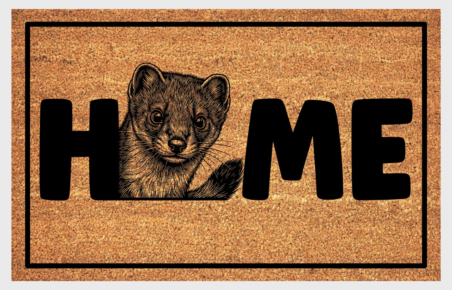 Irish Stoat doormat — portrait illustration with HOME lettering on natural coir welcome mat