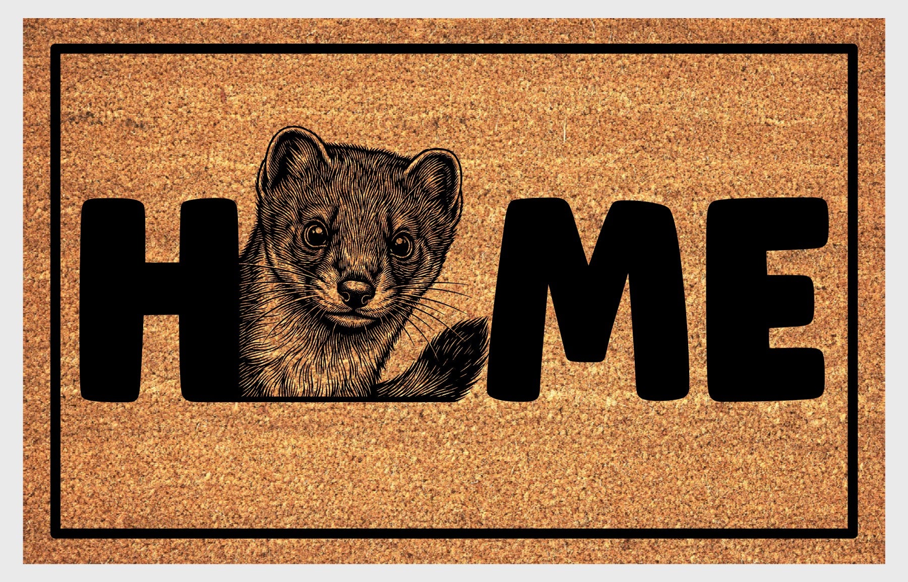 Irish Stoat doormat — portrait illustration with HOME lettering on natural coir welcome mat