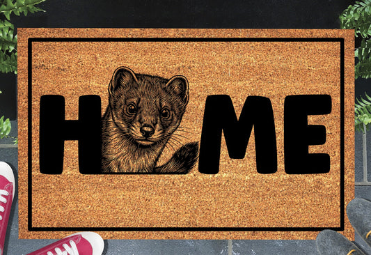 Irish Stoat coir doormat on front porch — stoat portrait with HOME lettering on natural fiber welcome mat