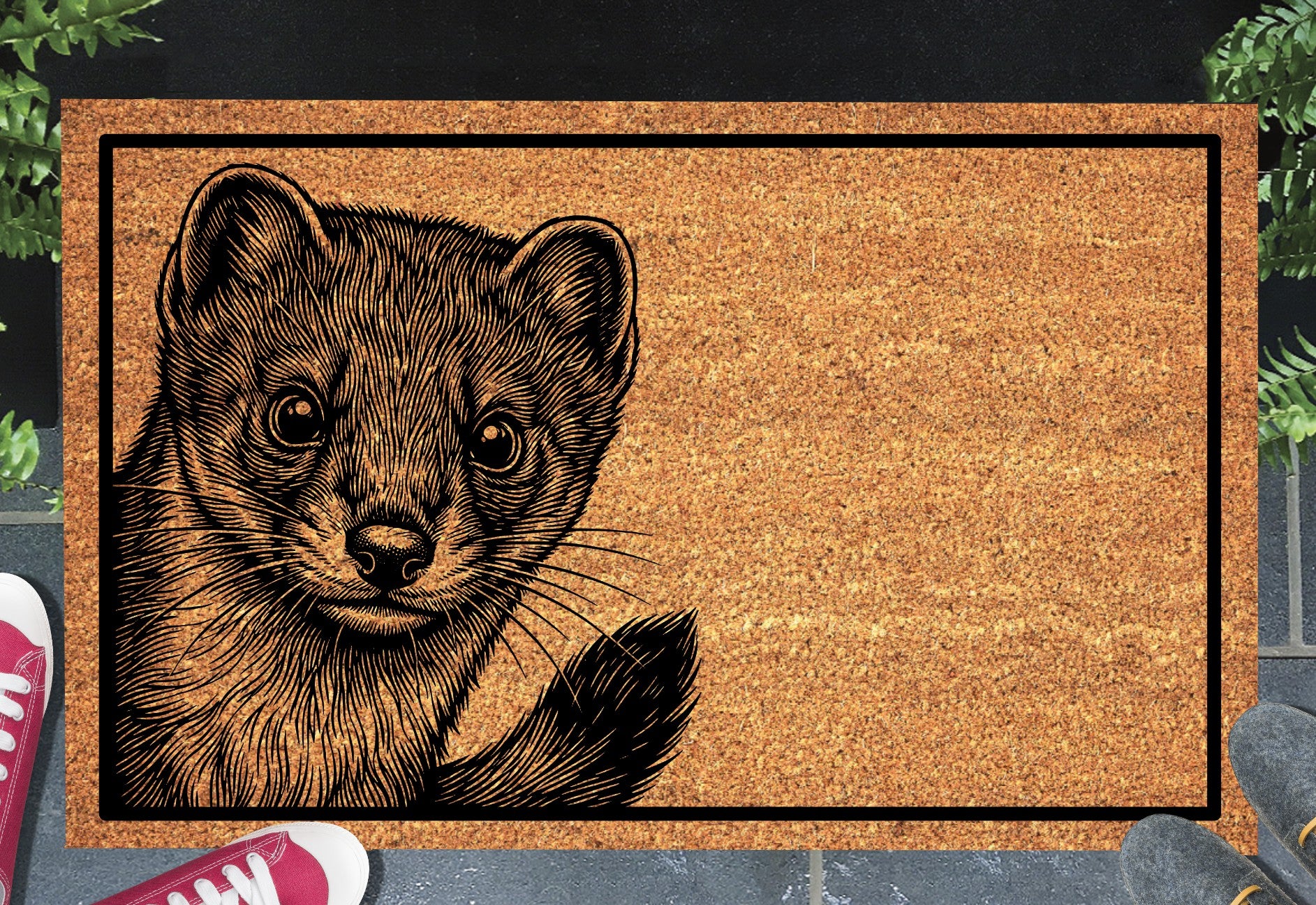 Irish Stoat peeking doormat — stoat peering over edge on natural coir welcome mat, 18x30