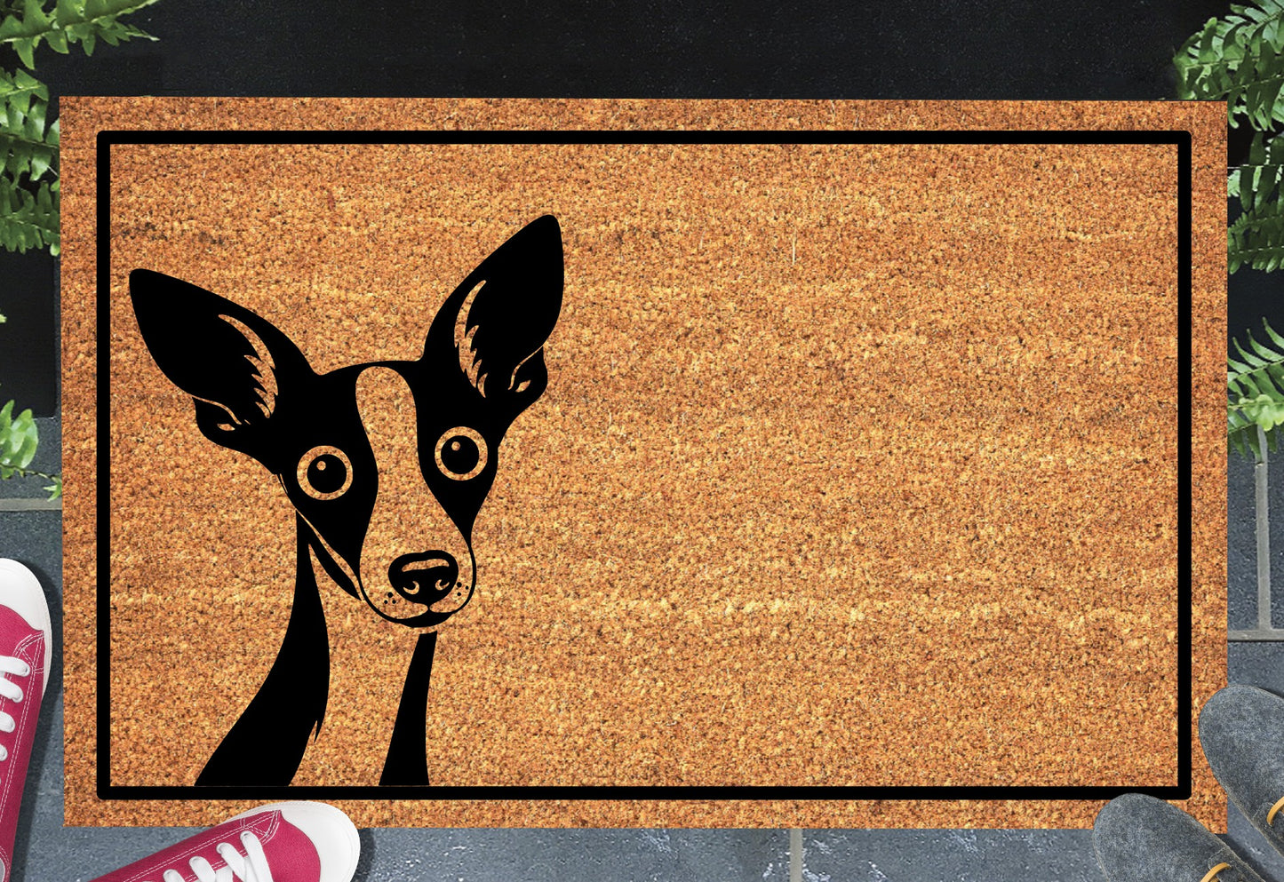 Peeking Italian Greyhound doormat #1 with dog peeping over edge placed at front door entryway