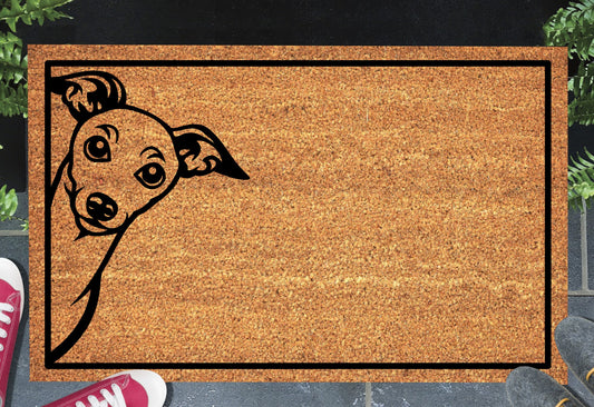 Italian Greyhound Peeking Doormat - Natural coir welcome mat featuring adorable peeping Iggy design with non-slip backing