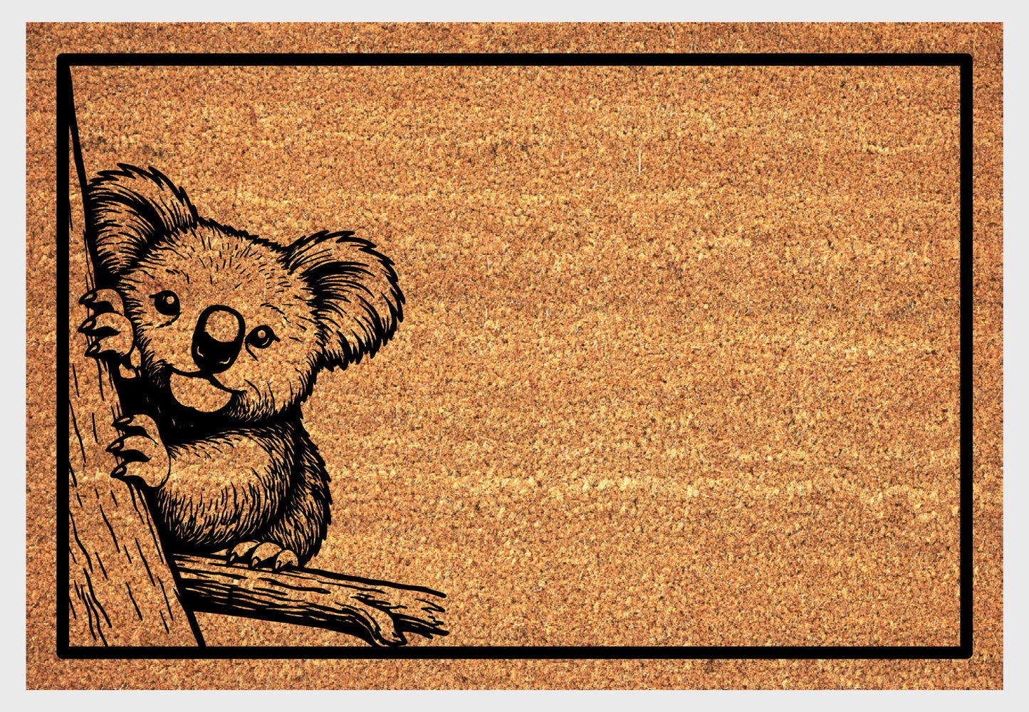 Koala bear doormat with koala clinging to tree trunk design in natural coir fiber