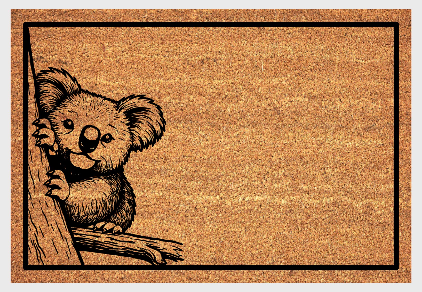 Koala bear doormat with koala clinging to tree trunk design in natural coir fiber