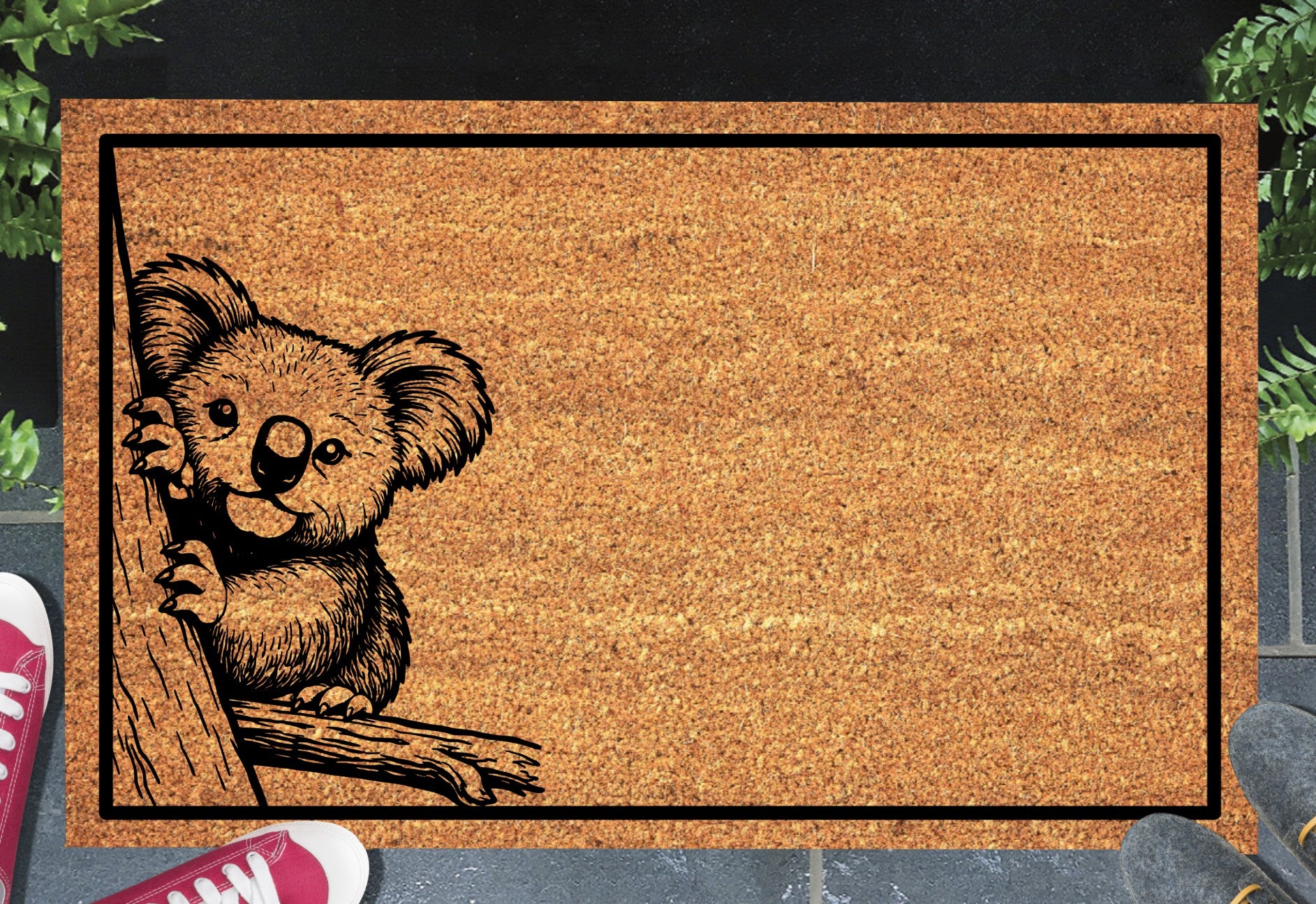 Koala bear doormat with koala clinging to tree trunk placed at front door entrance