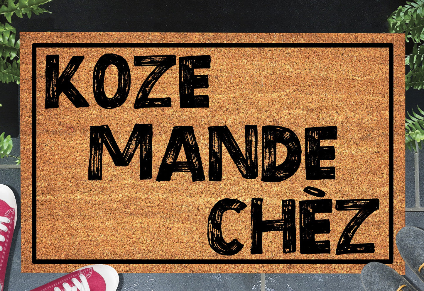 Koze Mande Chez Haitian Creole doormat in a doorway setting — natural coir welcome mat