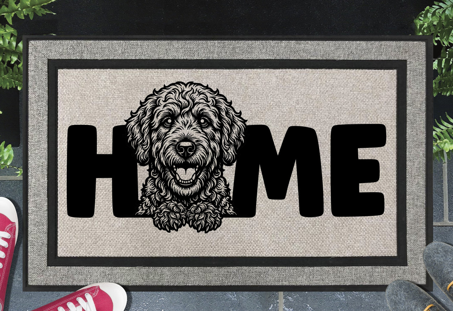 Labradoodle all-weather doormat #1 — heavy-duty woven polyester welcome mat with UV-resistant Labradoodle design
