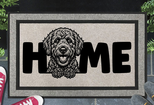 Labradoodle all-weather doormat — heavy-duty woven polyester welcome mat with UV-resistant Labradoodle design