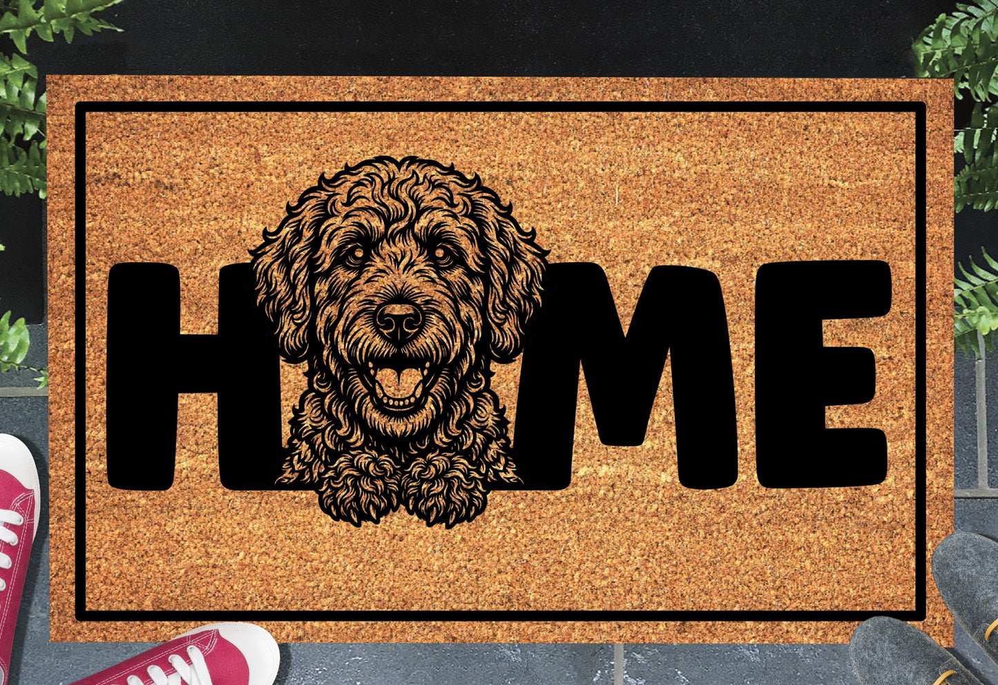 Labradoodle doormat #1 displayed in a doorway — natural coir welcome mat with Labradoodle design