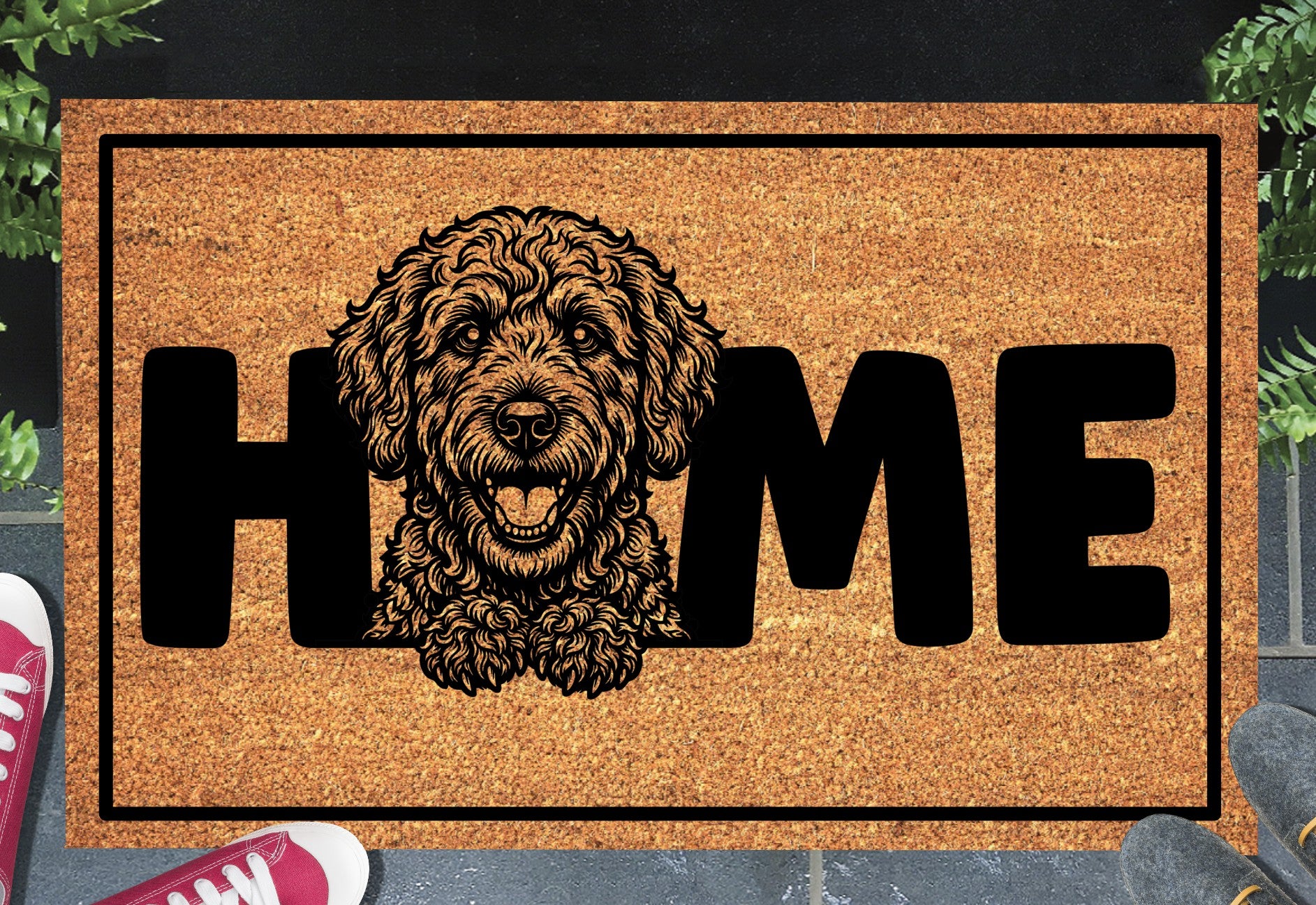 Labradoodle doormat #1 displayed in a doorway — natural coir welcome mat with Labradoodle design