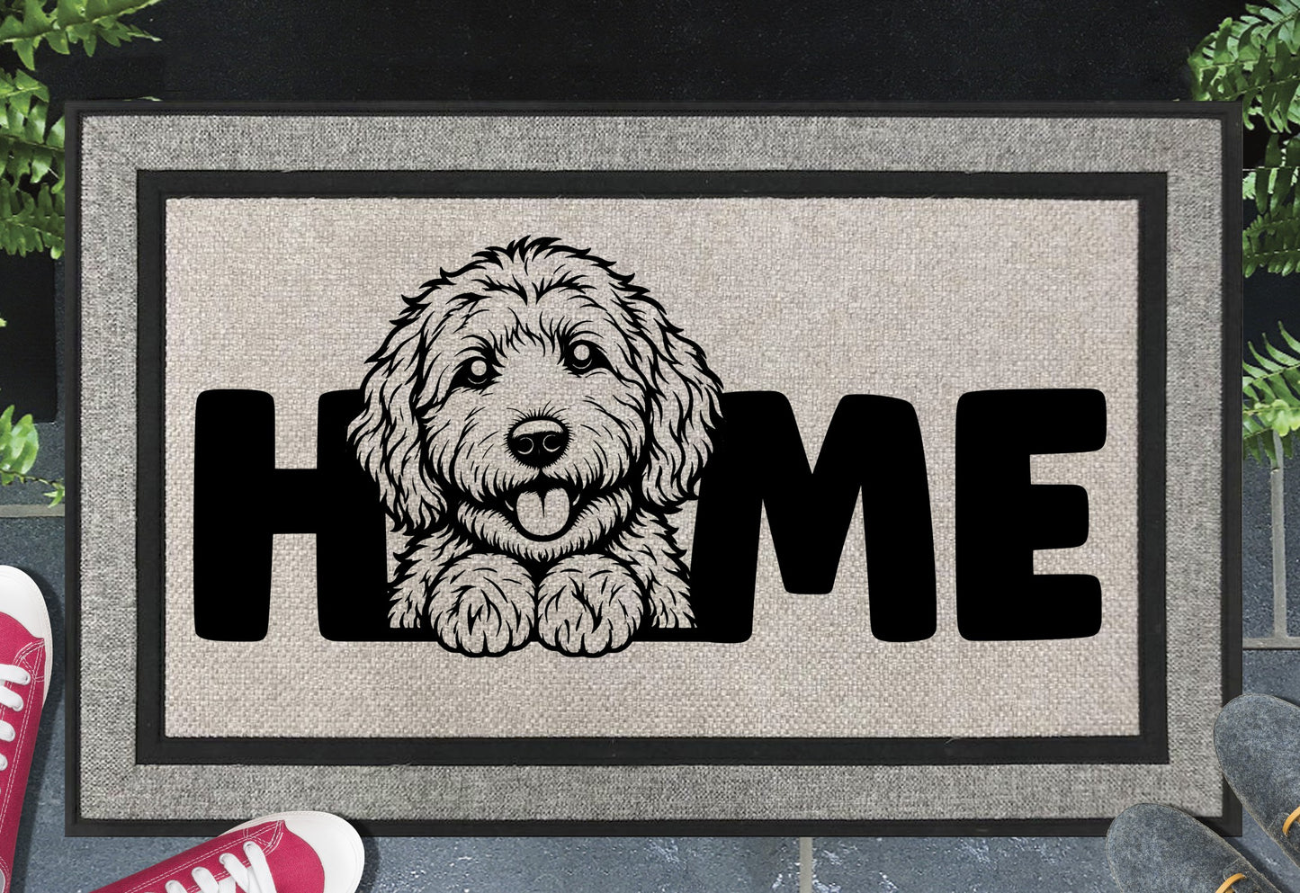 Labradoodle all-weather doormat — heavy-duty woven polyester welcome mat with UV-resistant Labradoodle design