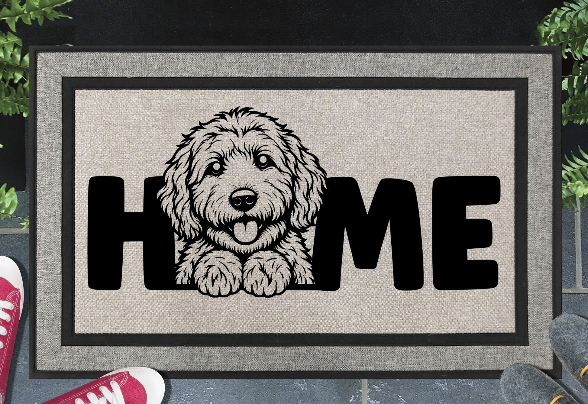 Labradoodle all-weather doormat — heavy-duty woven polyester welcome mat with UV-resistant Labradoodle design