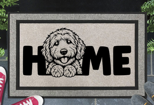 Labradoodle all-weather doormat — heavy-duty woven polyester welcome mat with UV-resistant Labradoodle design