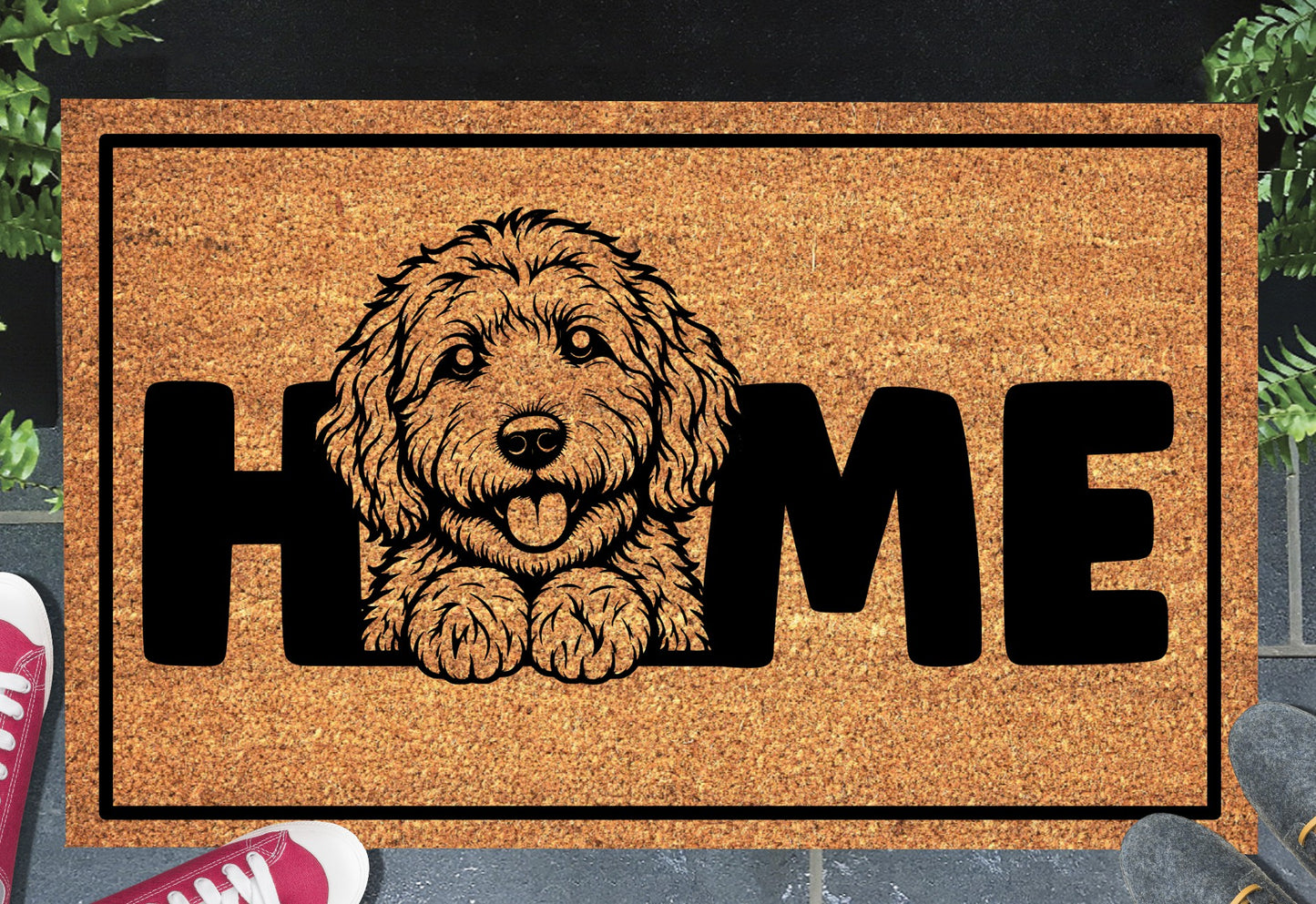 Labradoodle doormat displayed in a doorway — natural coir welcome mat with Labradoodle design