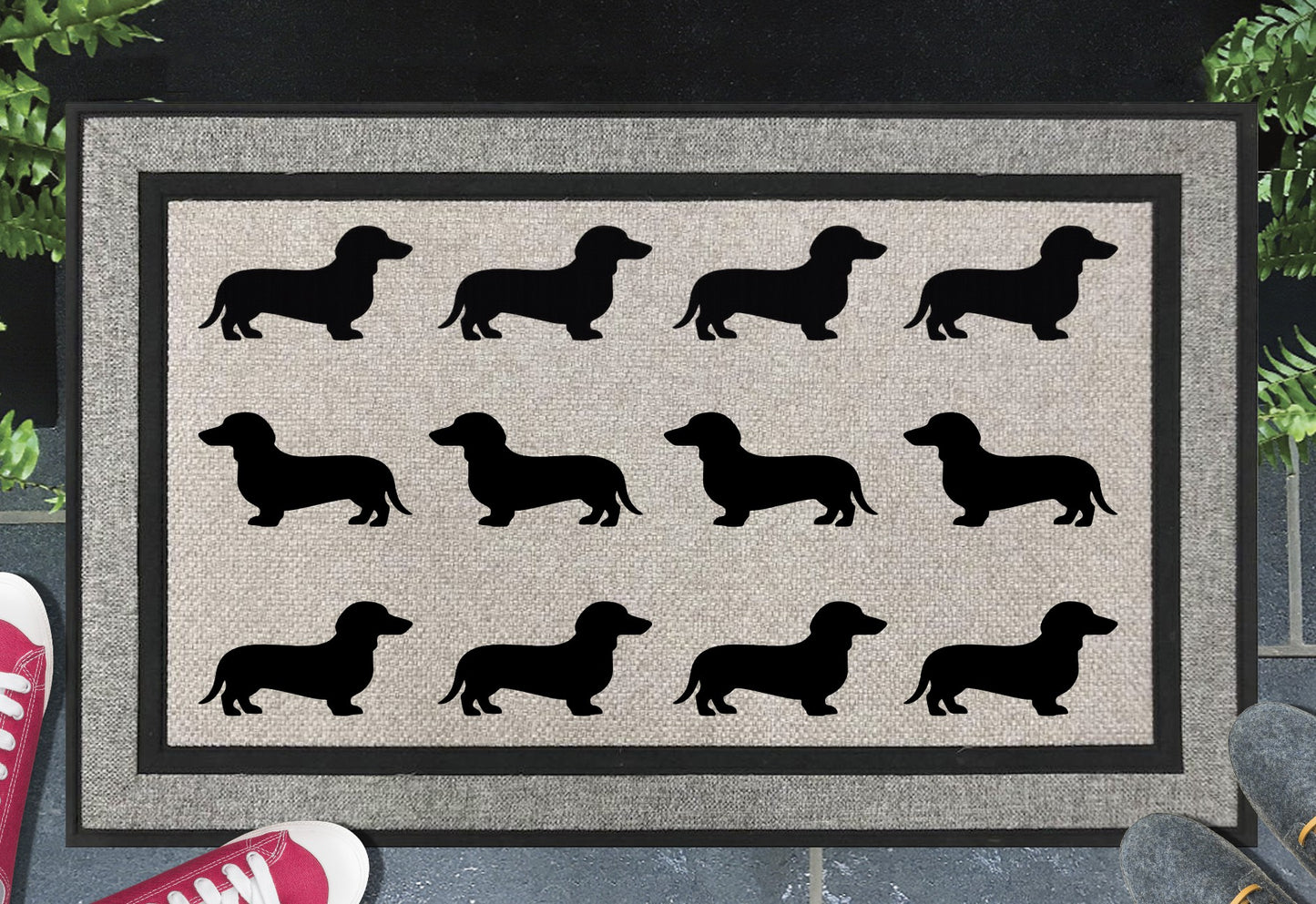 Dachshund silhouette all weather doormat #1 with rows of dachshund pattern - 18x30 size