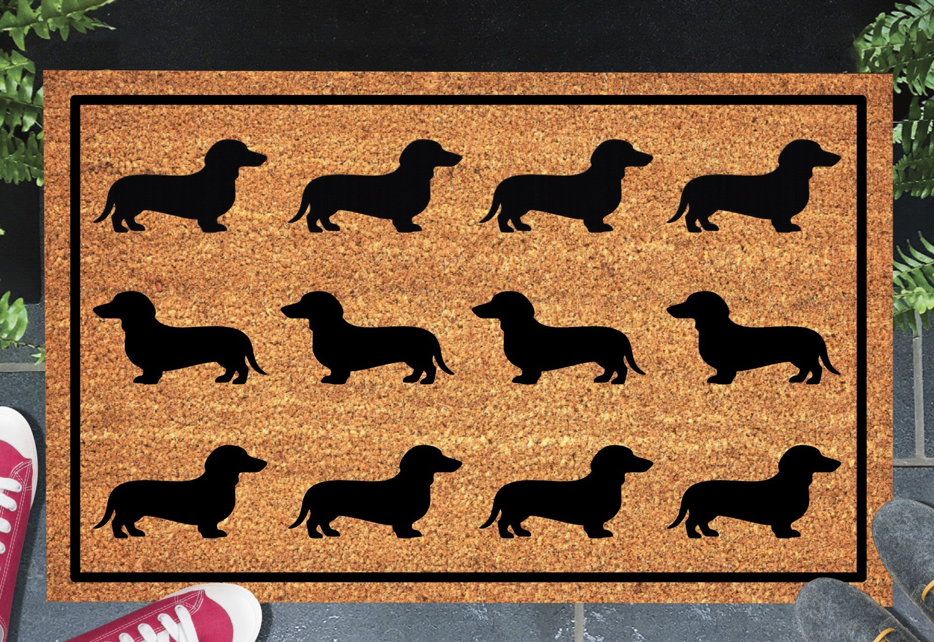 Dachshund silhouette doormat #1 with rows of dachshund pattern placed at front door entrance