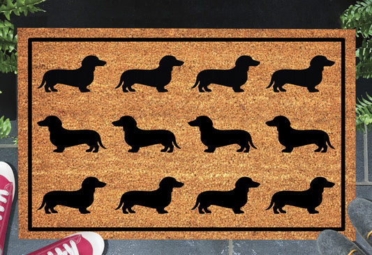 Dachshund silhouette doormat #1 with rows of dachshund pattern placed at front door entrance
