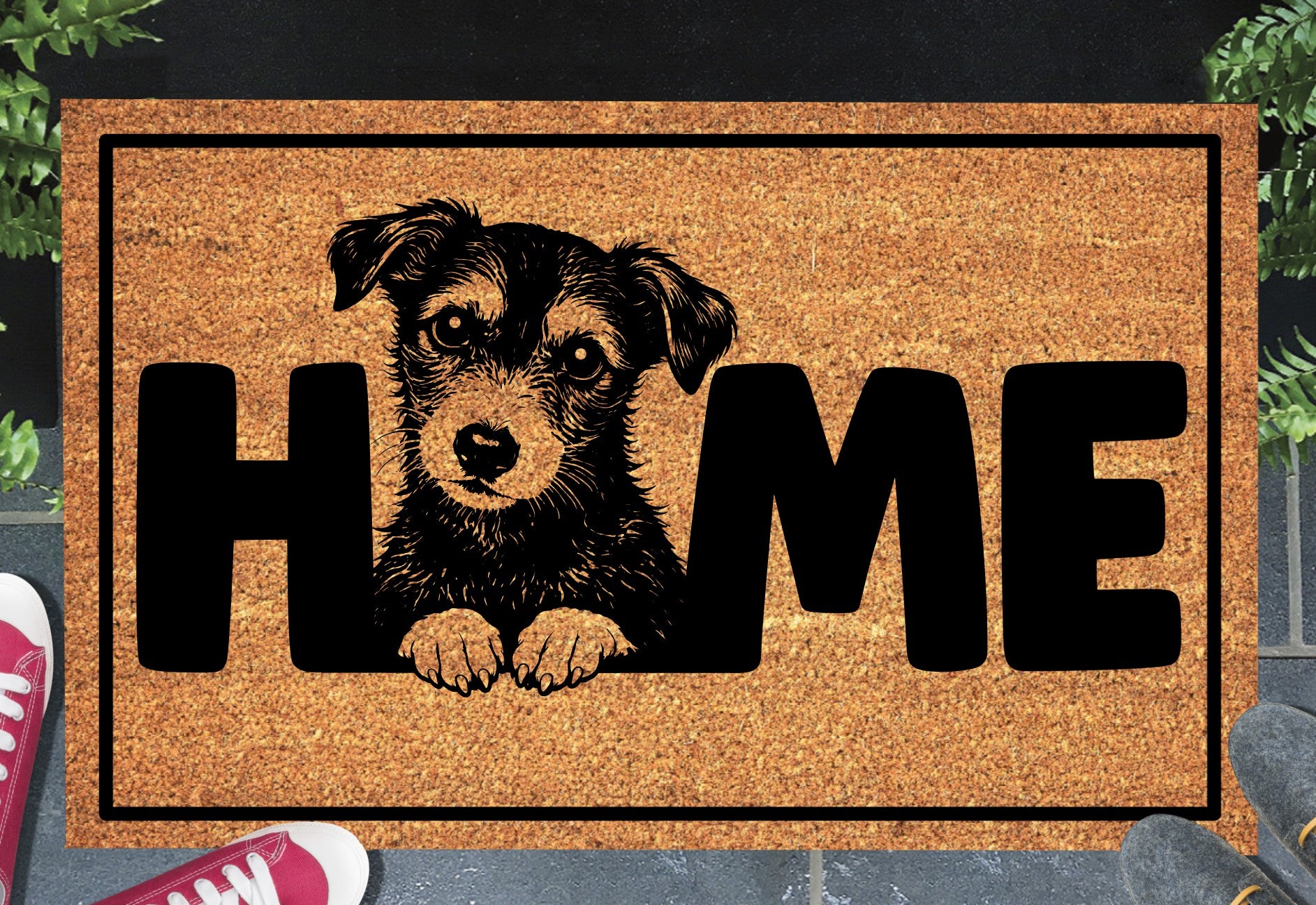 Lurcher doormat #1 on front porch entryway with HOME text