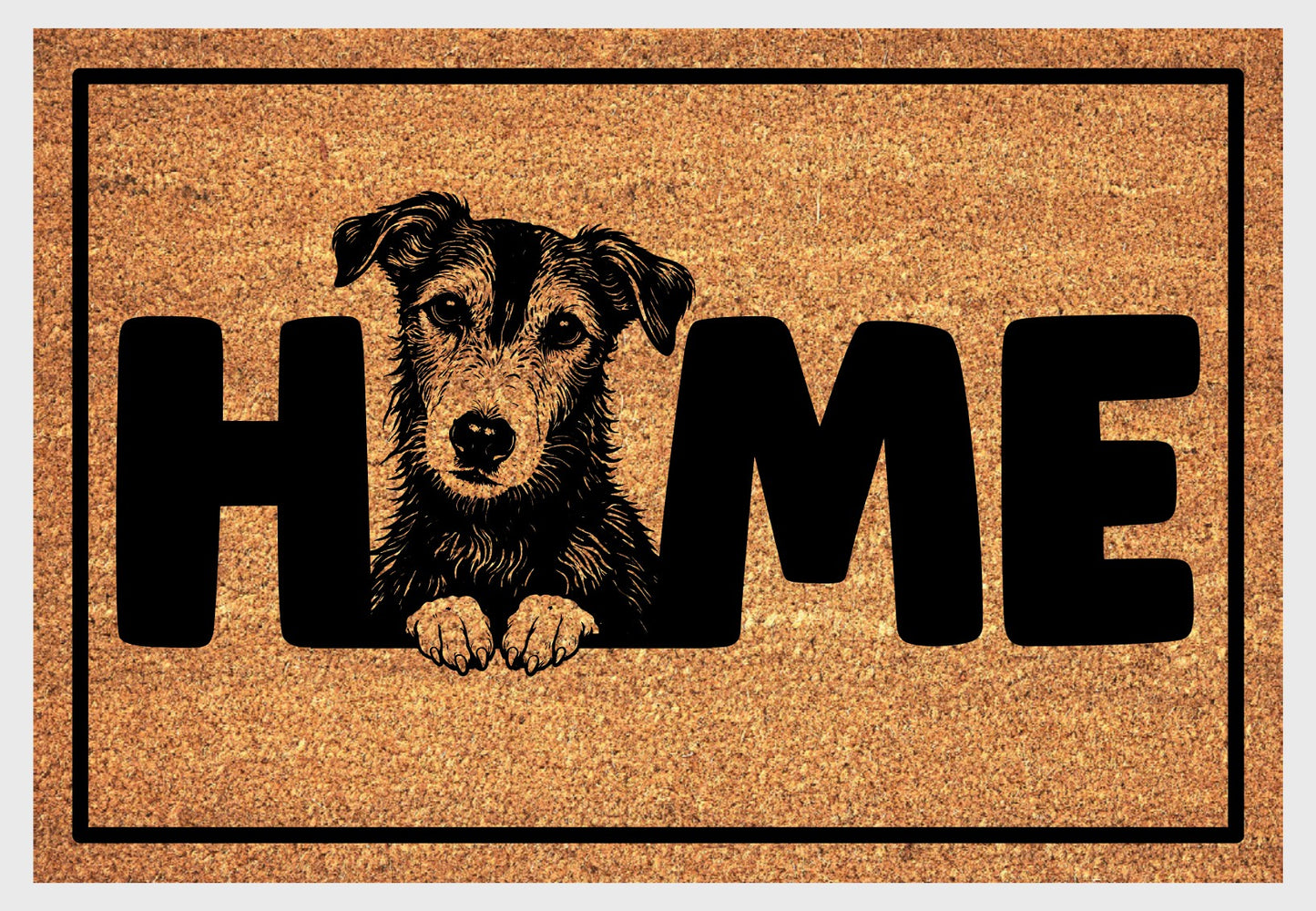 Lurcher coir doormat #2 with dog design and HOME lettering