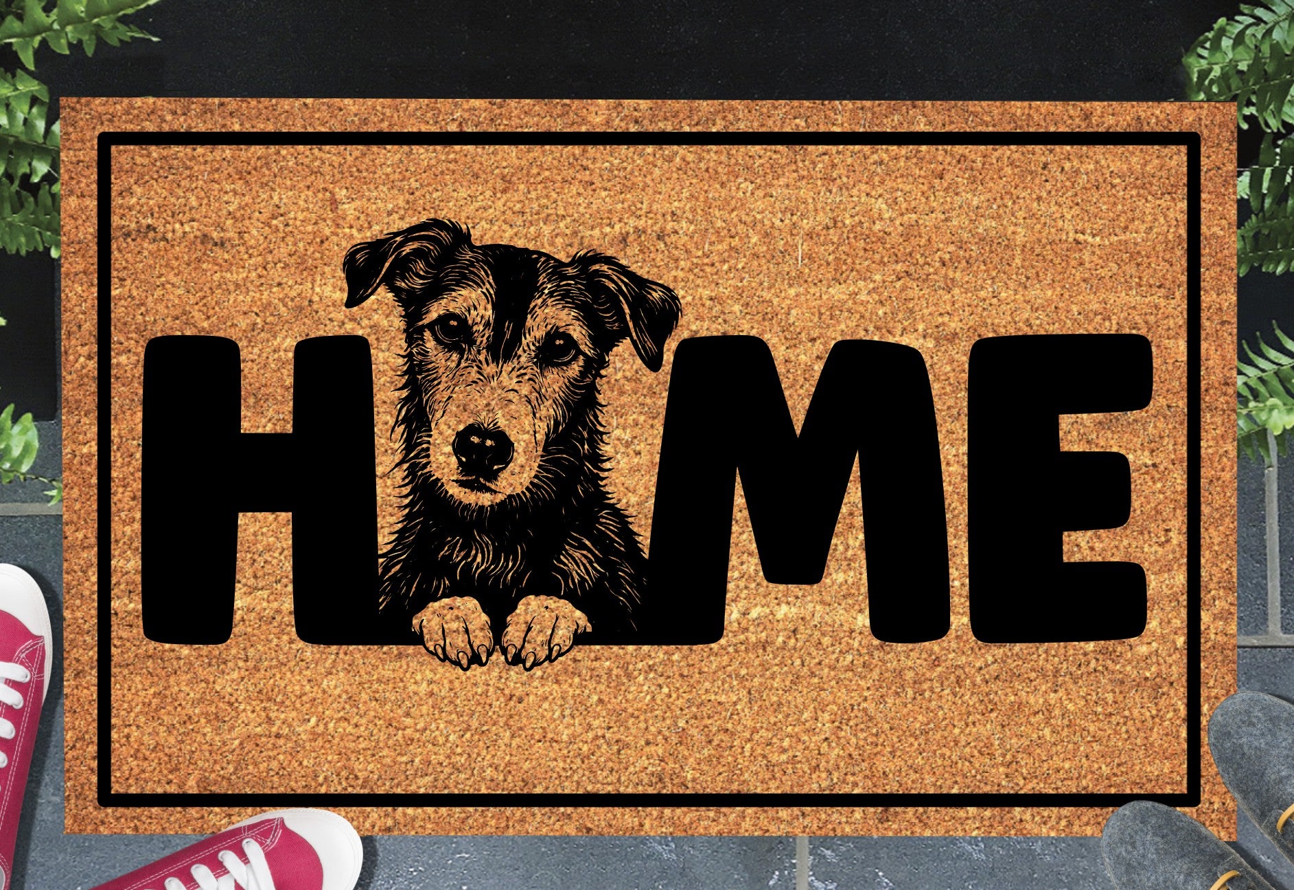 Lurcher doormat #2 on front porch entryway with HOME text