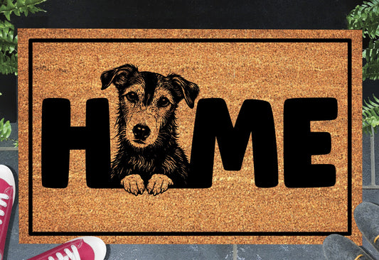 Lurcher doormat #2 on front porch entryway with HOME text