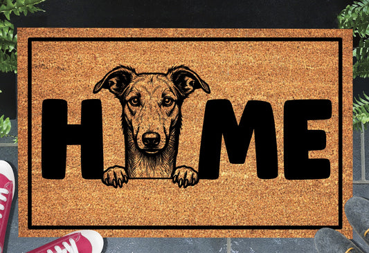 Lurcher doormat in doorway