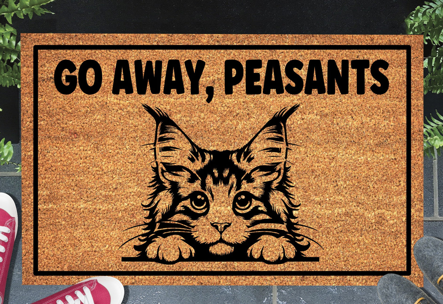 Maine Coon Cat Go Away Peasants coir doormat displayed in entryway
