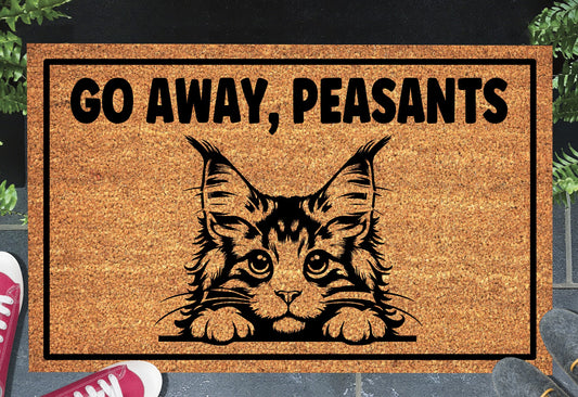 Maine Coon Cat Go Away Peasants coir doormat displayed in entryway