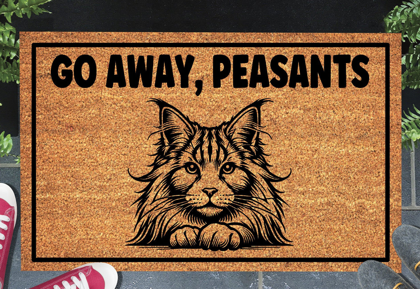 Maine Coon Cat Go Away Peasants coir doormat displayed in entryway