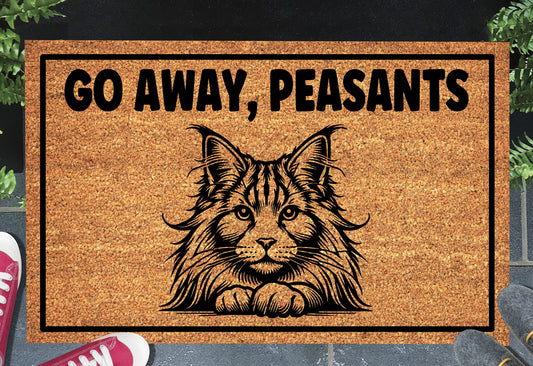 Maine Coon Cat Go Away Peasants coir doormat displayed in entryway
