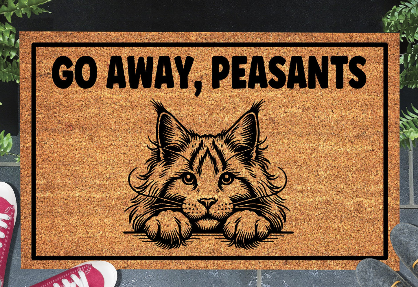 Maine Coon Cat Go Away Peasants coir doormat displayed in entryway