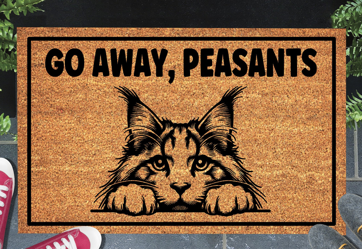 Maine Coon Cat Go Away Peasants coir doormat displayed in entryway